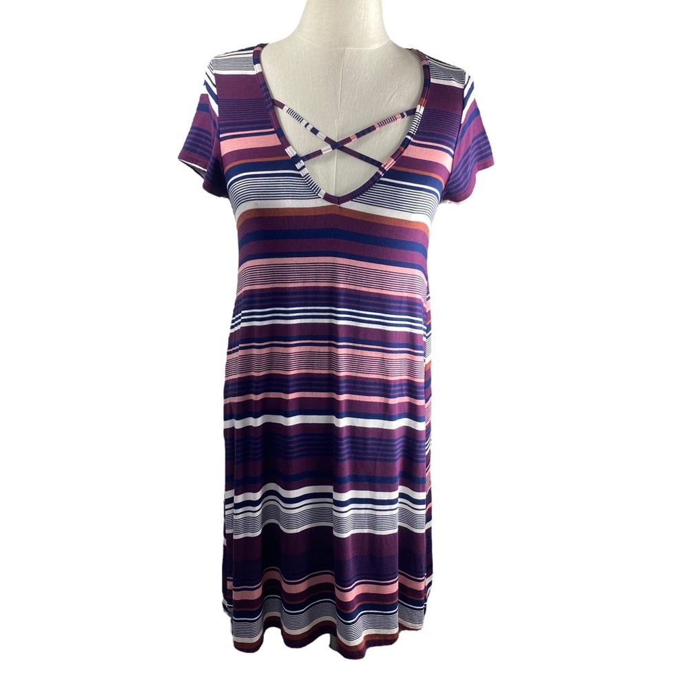 Socialite Dress Womens Size S Blue White Red Stripe Short Sleeve Midi V-Neck NEW